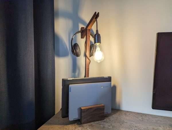 Black Walnut vertical laptop stand lamp