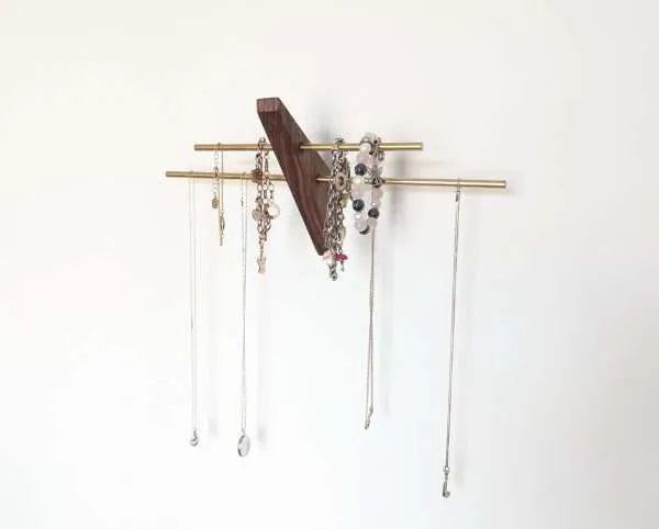 Mini wall necklace jewellery hanger - Black Walnut & Brass