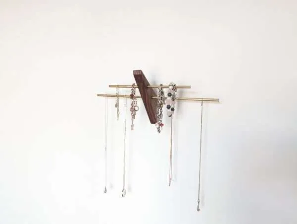 Mini wall necklace jewellery hanger - Black Walnut & Brass