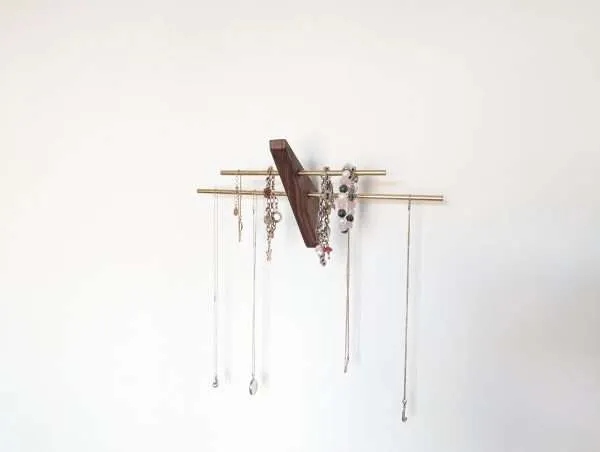 Mini wall necklace jewellery hanger - Black Walnut & Brass