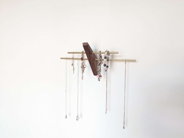 Mini wall necklace jewellery hanger - Black Walnut & Brass
