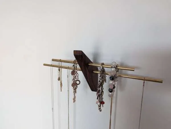 Mini wall necklace jewellery hanger - Black Walnut & Brass
