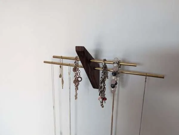 Mini wall necklace jewellery hanger - Black Walnut & Brass