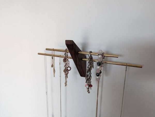 Mini wall necklace jewellery hanger - Black Walnut & Brass