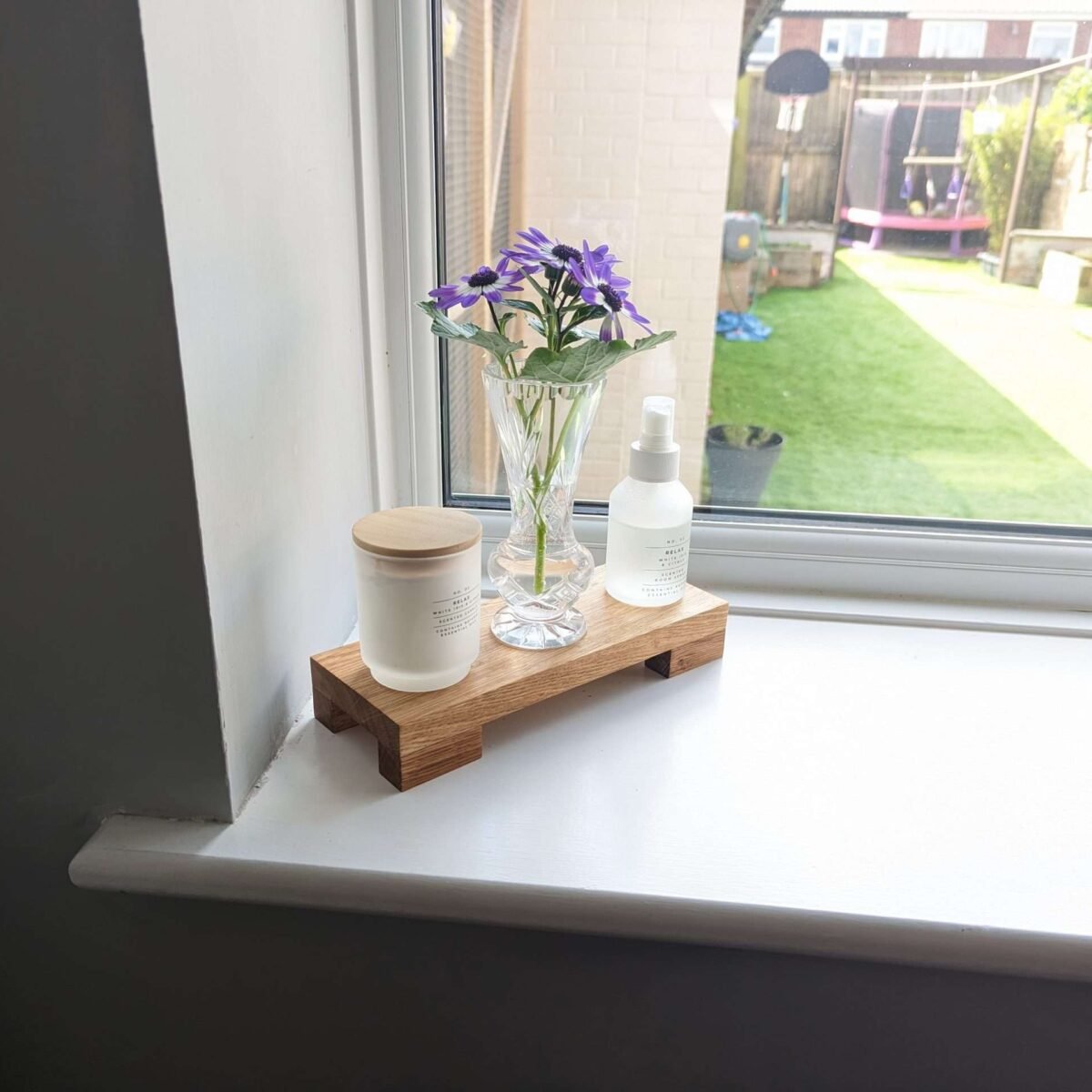 Low profile Windowsill stand, bathroom and countertop riser, plant display shelf, shop display - Solid Oak