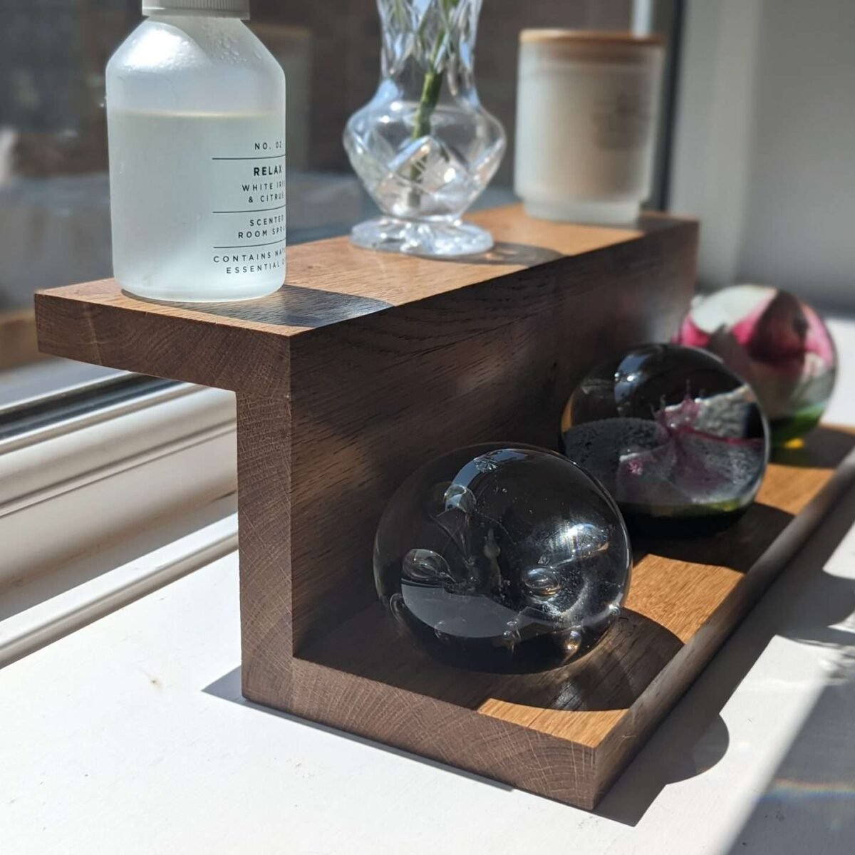 Solid Oak floating display shelf, Countertop riser stand, crystal display, windowsill stand