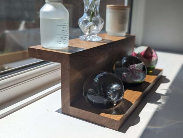 Solid Oak floating display shelf, Countertop riser stand, crystal display, windowsill stand
