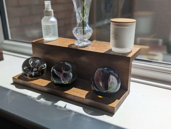 Solid Oak floating display shelf, Countertop riser stand, crystal display, windowsill stand
