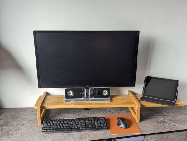 Our truly unique take on an adjustable monitor riser/stand comprising of solid Oak throughout.