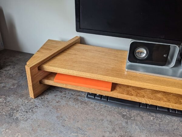 Our truly unique take on an adjustable monitor riser/stand comprising of solid Oak throughout.