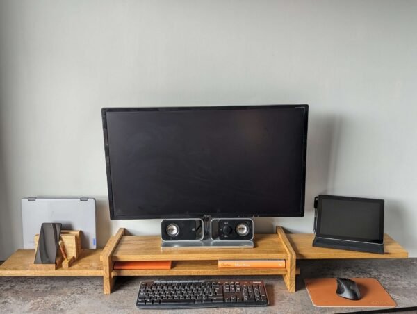 Our truly unique take on an adjustable monitor riser/stand comprising of solid Oak throughout.