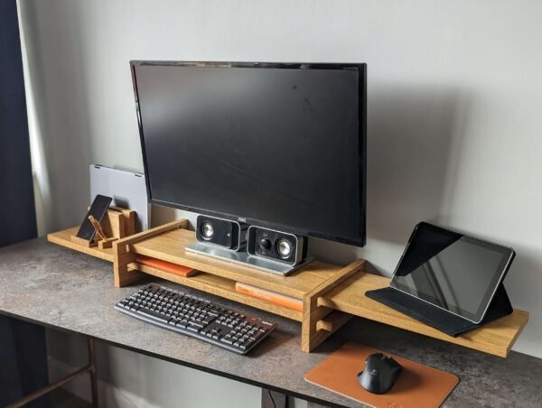 Our truly unique take on an adjustable monitor riser/stand comprising of solid Oak throughout.