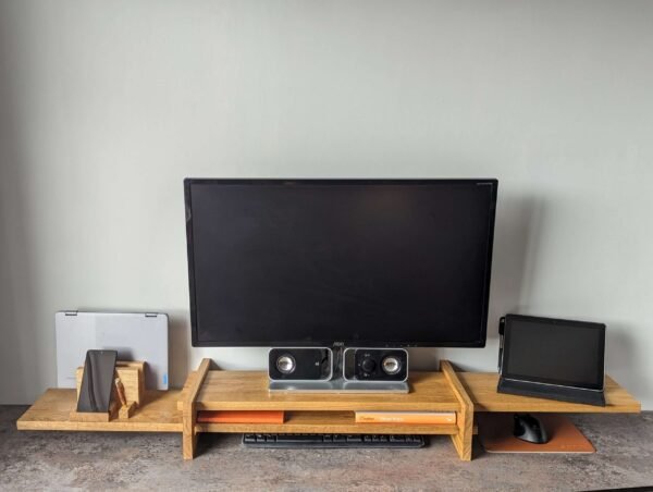 Our truly unique take on an adjustable monitor riser/stand comprising of solid Oak throughout.