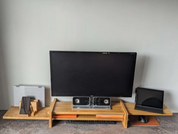Our truly unique take on an adjustable monitor riser/stand comprising of solid Oak throughout.