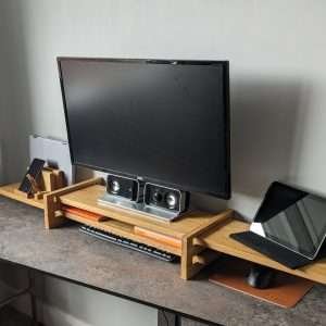 Our truly unique take on an adjustable monitor riser/stand comprising of solid Oak throughout.