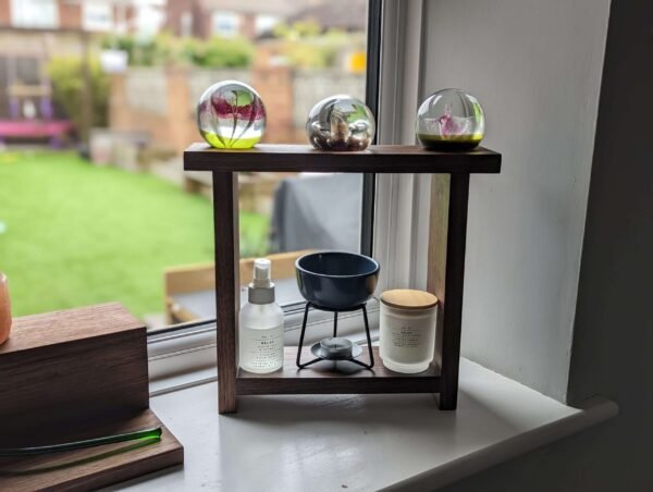 Black Walnut Square Countertop shelf stand, bathroom riser organiser, crystal display pedestal