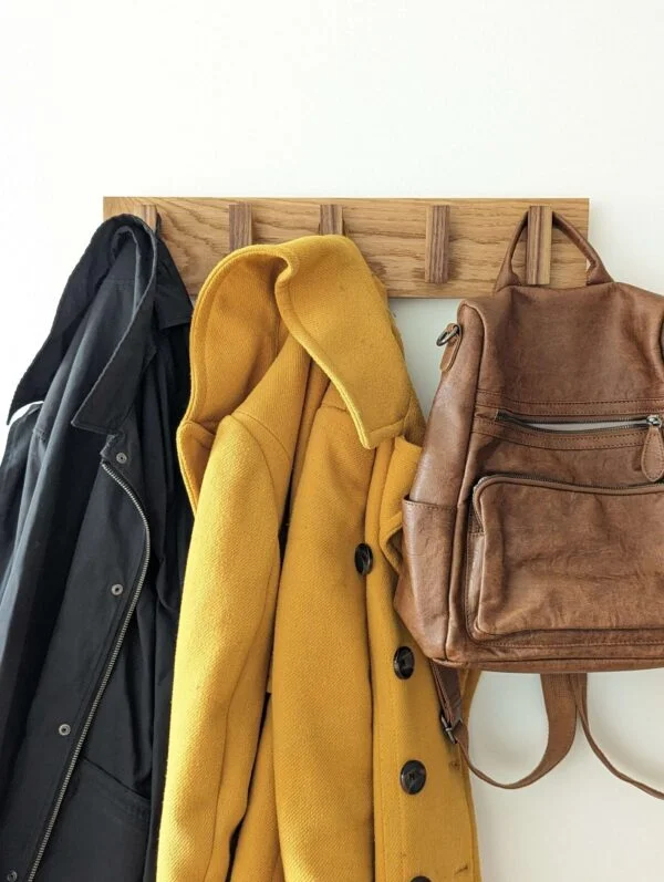 Solid Oak and Black Walnut Coat Rack, Wooden Coat Hooks, Scandi Coat Pegs