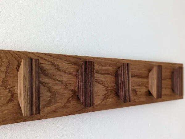 Solid Oak and Black Walnut Coat Rack, Wooden Coat Hooks, Scandi Coat Pegs