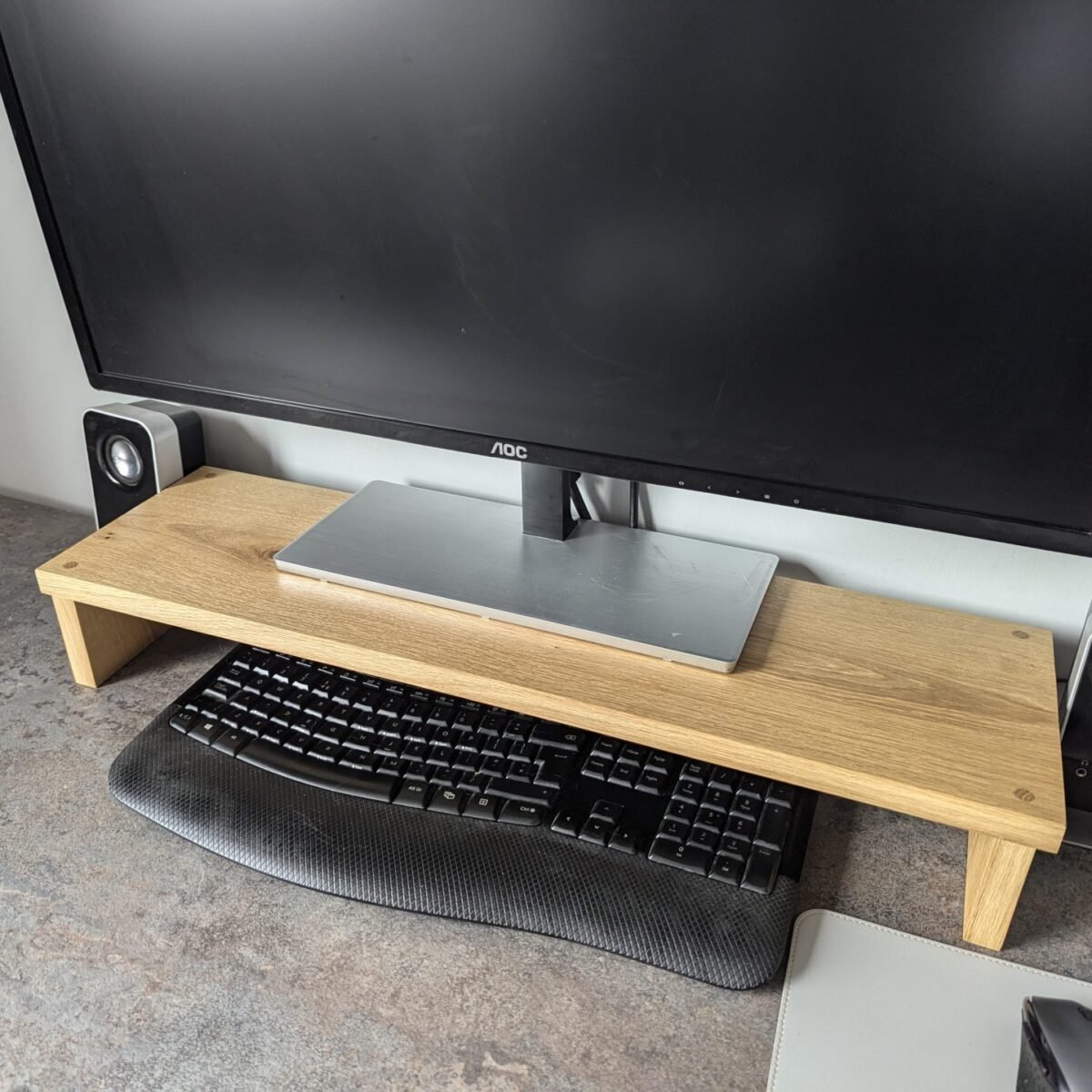 Solid Oak monitor riser with monitor and keyboard