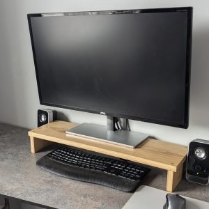 Solid Oak monitor riser with monitor and keyboard