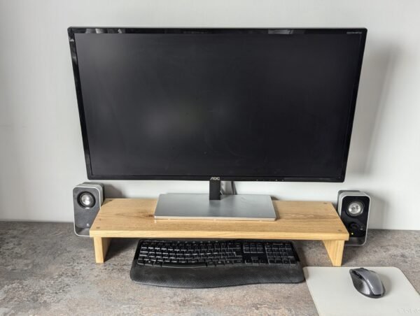 Solid Oak monitor riser with monitor and keyboard