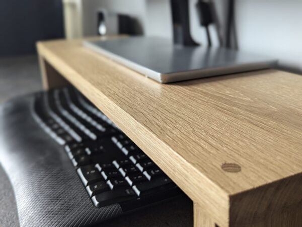 Solid Oak monitor riser with monitor and keyboard