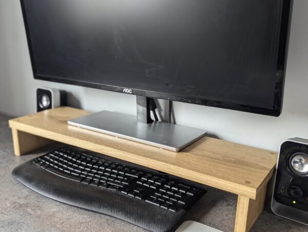 Solid Oak monitor riser with monitor and keyboard