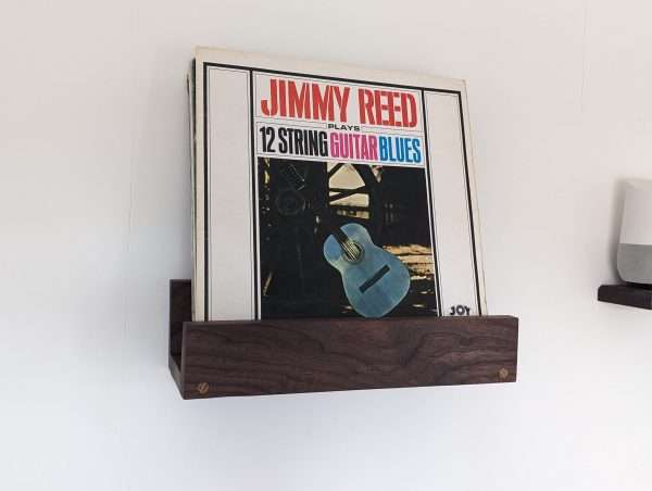 Black walnut wall mounted vinyl shelf