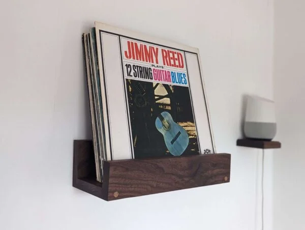 Black walnut wall mounted vinyl shelf