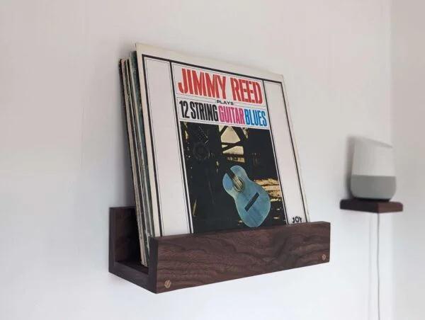 Black walnut wall mounted vinyl shelf