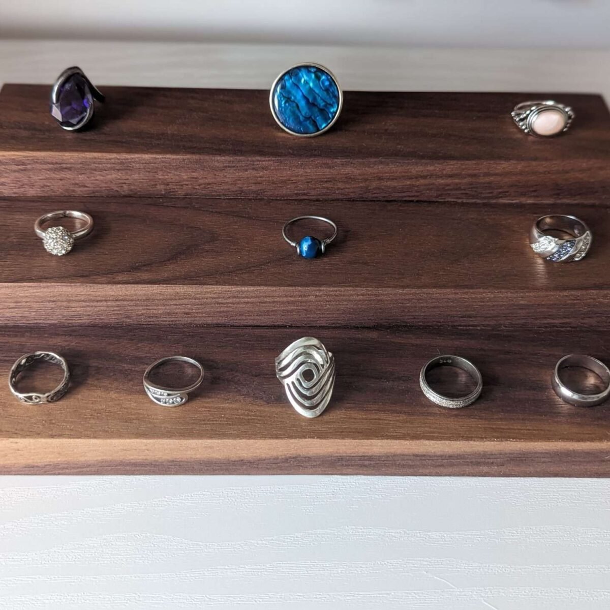 3 Tier Ring Display, Crystal Display Stand – Black Walnut