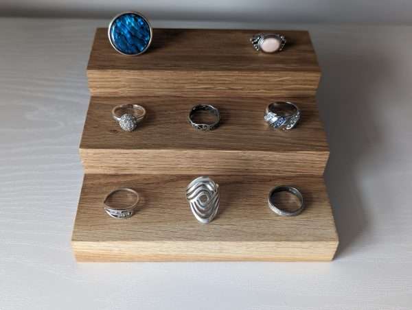3 Tier Ring Display, Crystal Display Stand - Solid Oak