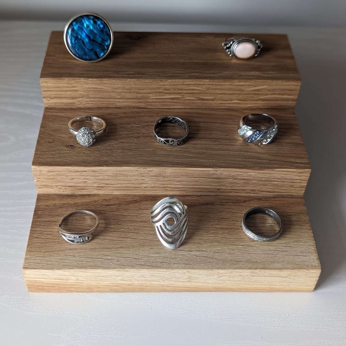 3 Tier Ring Display, Crystal Display Stand - Solid Oak