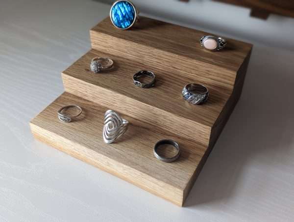 3 Tier Ring Display, Crystal Display Stand - Solid Oak