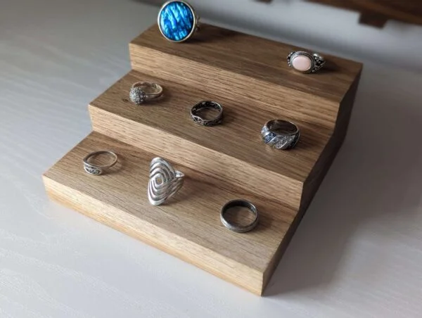 3 Tier Ring Display, Crystal Display Stand - Solid Oak