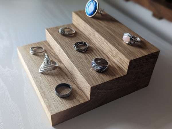 3 Tier Ring Display, Crystal Display Stand - Solid Oak