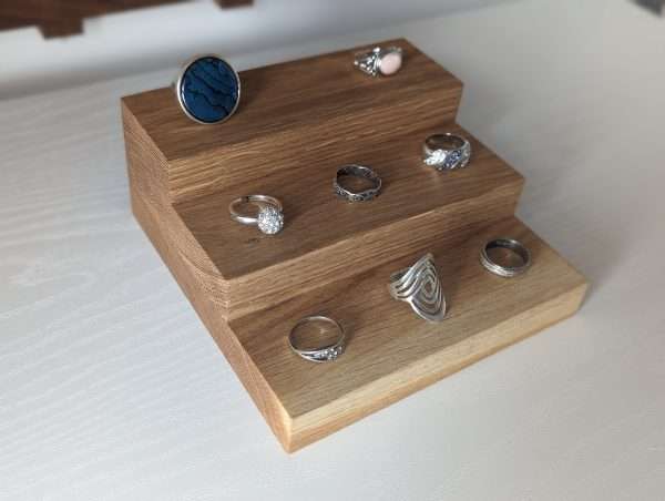 3 Tier Ring Display, Crystal Display Stand - Solid Oak