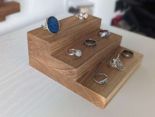 3 Tier Ring Display, Crystal Display Stand - Solid Oak