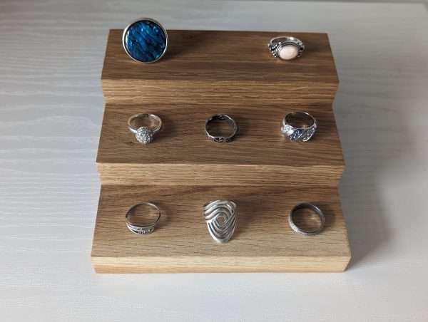 3 Tier Ring Display, Crystal Display Stand - Solid Oak