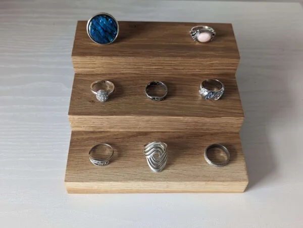 3 Tier Ring Display, Crystal Display Stand - Solid Oak