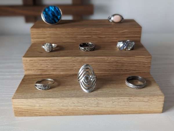 3 Tier Ring Display, Crystal Display Stand - Solid Oak