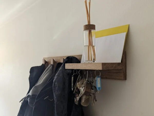 Solid Oak Coat Hooks With Shelf & Key Rack