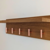 Solid Oak Coat Rack With Shelf - angled view with copper hooks