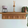 Solid Oak Coat Rack With Shelf - straight view with copper hooks and ornaments