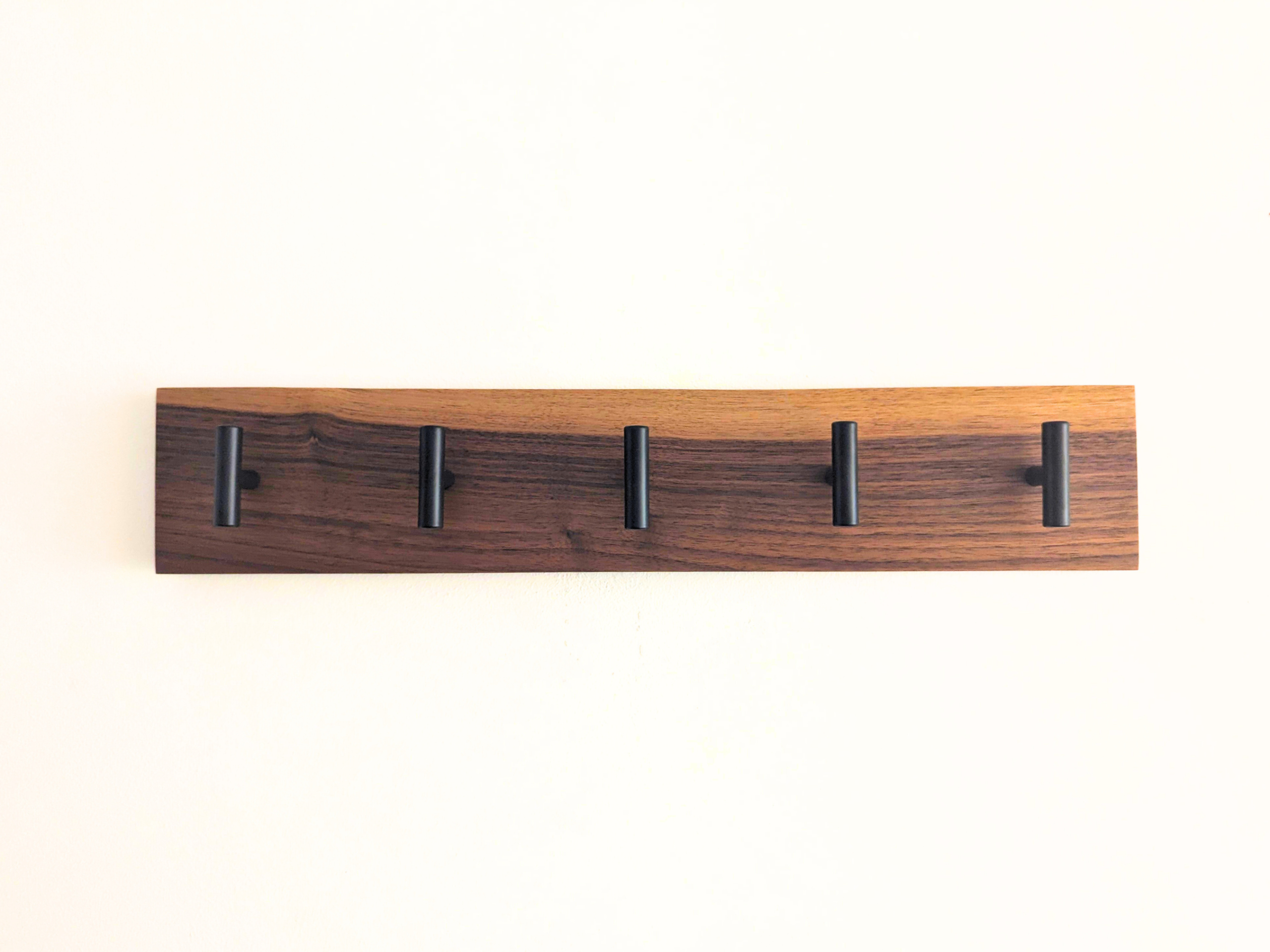 Modern Solid Black Walnut Coat Rack with Customizable Hooks - straight view closeup