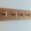 Modern Solid Oak Coat Rack with copper Hooks - Angled view