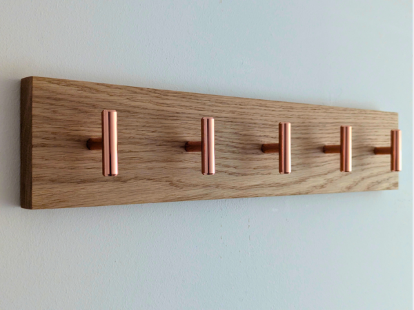 Modern Solid Oak Coat Rack with copper Hooks - Angled view