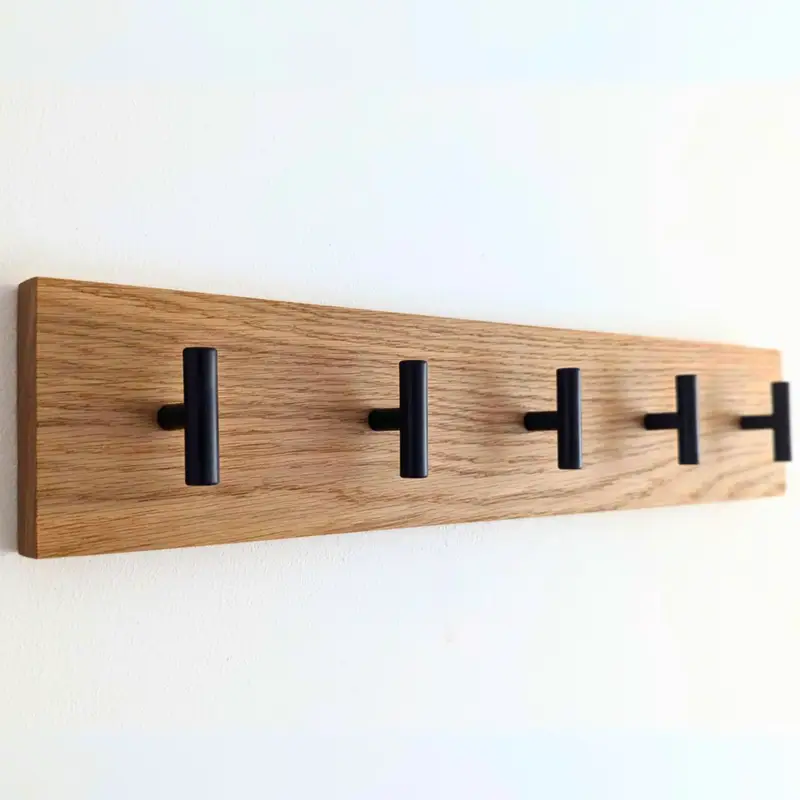 Modern Solid Oak Coat Rack with black Hooks - Angled view