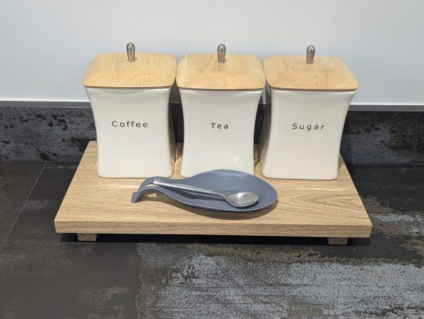 20cm depth oak riser with coffee pots and teaspoon