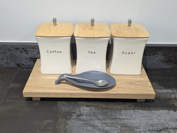 20cm depth oak riser with coffee pots and teaspoon